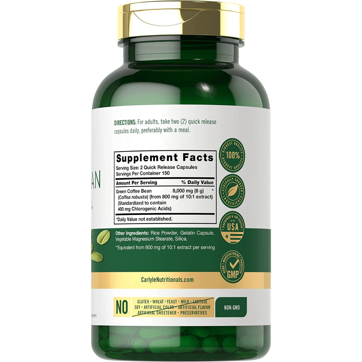 Carlyle Extracto de Grano de Café Verde 8000 mg - 300 Cápsulas de Liberación Rápida - Tabla Nutricional - Haz Tu Pedido