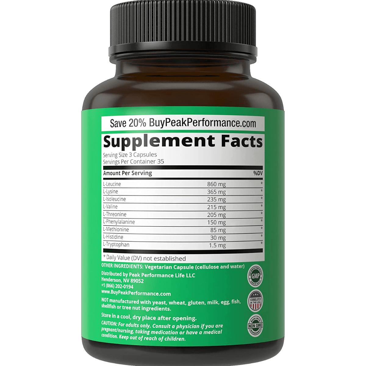 Peak Performance Essential Amino Acids - 105 Cápsulas - Haz Tu Pedido