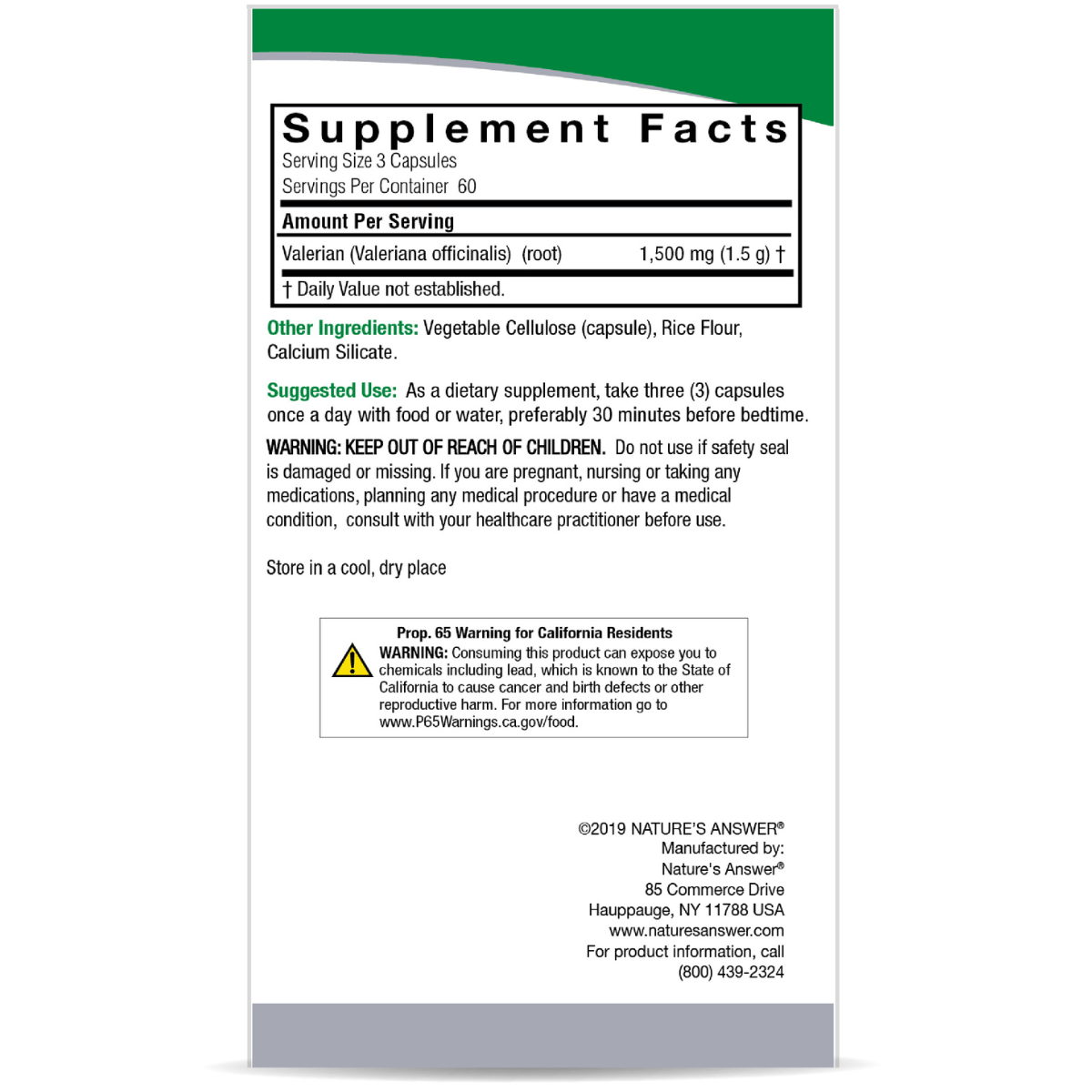 Natures Answer Raíz de valeriana 1,500 mg - 180 Cápsulas Vegetarianas - Haz Tu Pedido