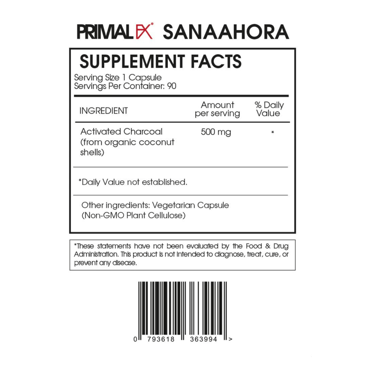PrimalFX Carbón + Activado 500 mg - 90 Cápsulas - Haz Tu Pedido