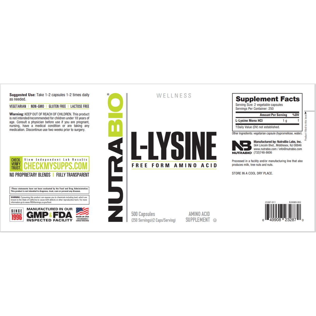 NutraBio Lisina - 500 Cápsulas Vegetales - Haz Tu Pedido