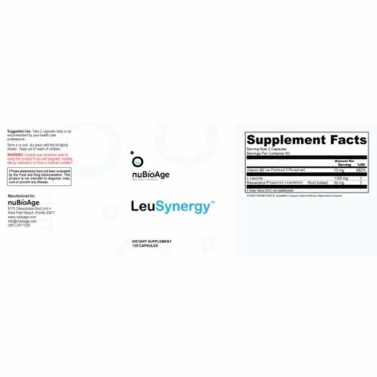 nuBioAge LeuSynergy Para Fortalecer El Sistema Inmunológico 1000 mg - 120 Cápsulas - Tabla Nutricional - Haz Tu Pedido