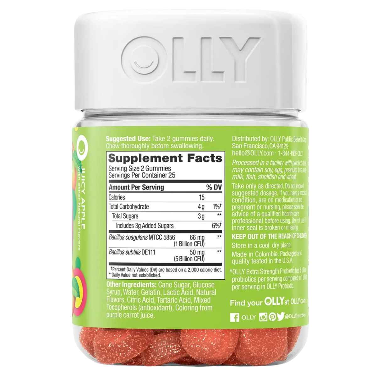 OLLY Probióticos Extra Potentes 6 Mil Millones CFU - 50 Gomitas - Tabla Nutricional - Haz Tu Pedido