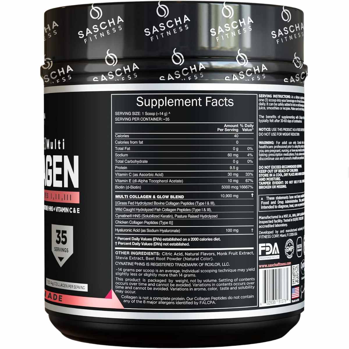 Sascha Fitness Hydrolyzed Collagen - Sabor Fresa y Limón - 490 g - Tabla Nutricional - Haz Tu Pedido