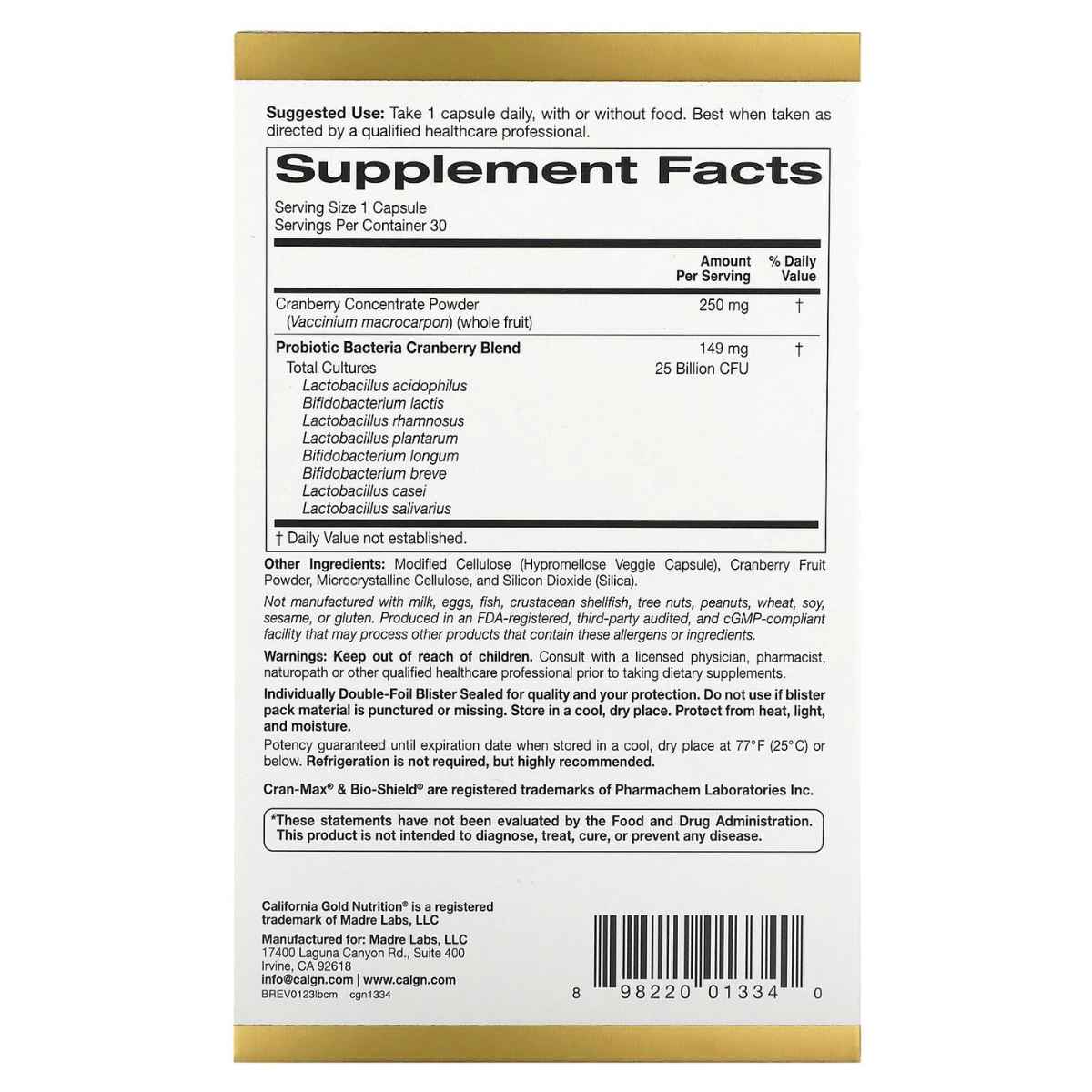 California Gold Nutrition CranMax® LactoBif Probióticos 25 Mil Millones CFU - Sabor Arándano Rojo - 30 Cápsulas Vegetales - Tabla Nutricional - Haz Tu Pedido