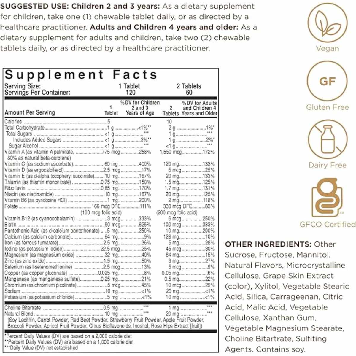 Solgar Multivitamínico y Mineral para Niños - Sabor Bayas - 120 Tabletas Masticable - Tabla Nutricional - Haz Tu Pedido