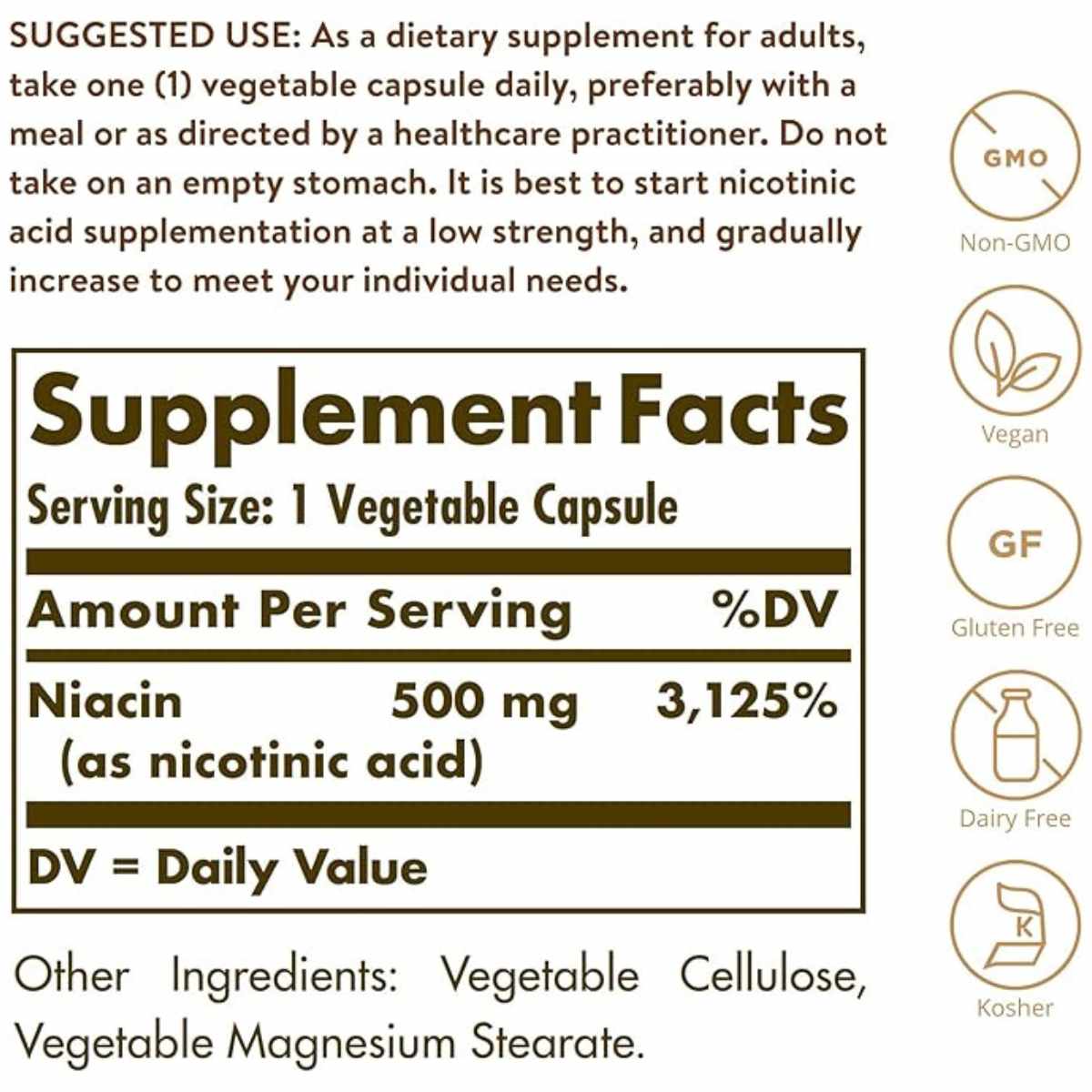 Solgar Niacina (Vitamina B3) 500 mg - 250 Cápsulas Vegetales - Tabla Nutricional - Haz Tu Pedido