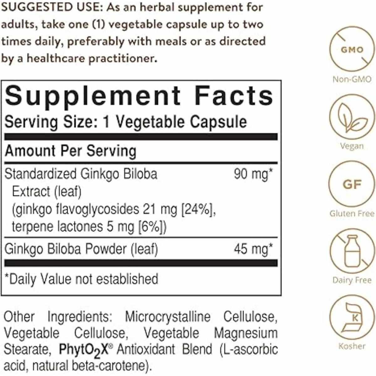 Solgar Extracto de Hoja de Ginkgo Biloba - 180 Cápsulas Vegetales - Tabla Nutricional - Haz Tu Pedido