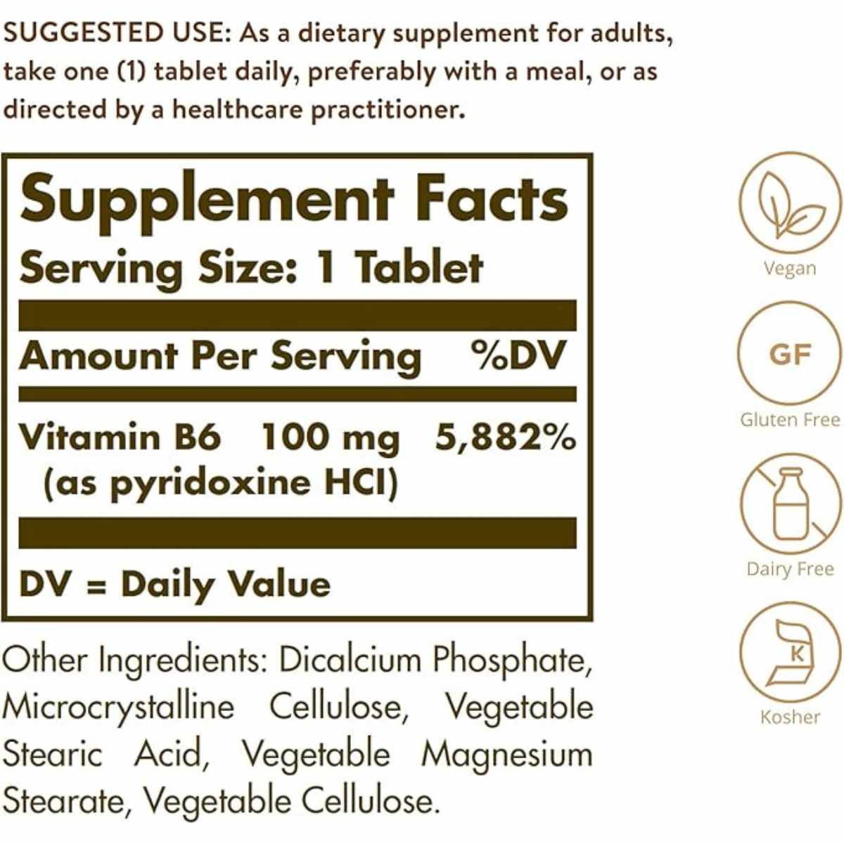 Solgar Vitamina B6 100 mg - 100 Tabletas - Tabla Nutricional - Haz Tu Pedido