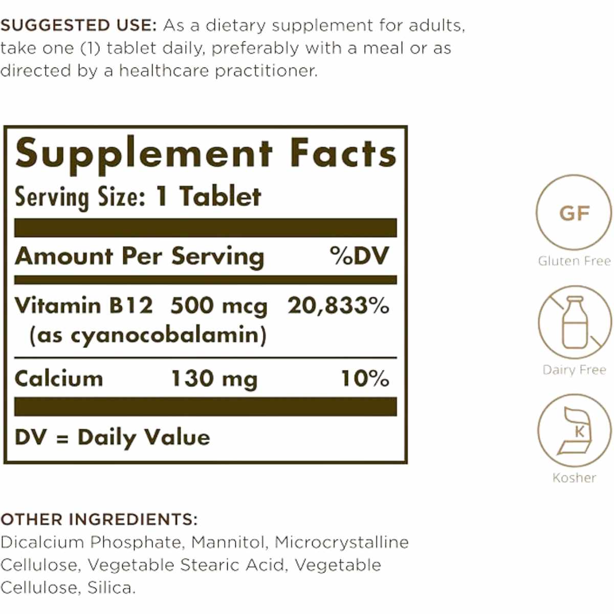 Solgar Vitamina B12 500 mcg - 100 Tabletas - Tabla Nutricional - Haz Tu Pedido