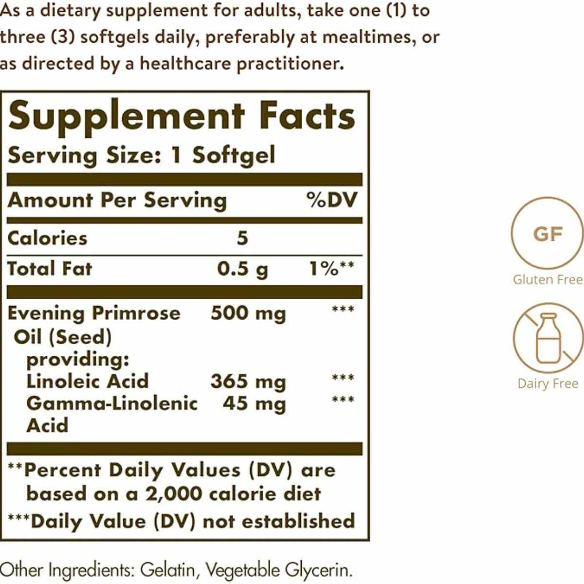 Solgar Aceite De Onagra 500 mg - 180 Cápsulas Blandas - Tabla Nutricional - Haz Tu Pedido