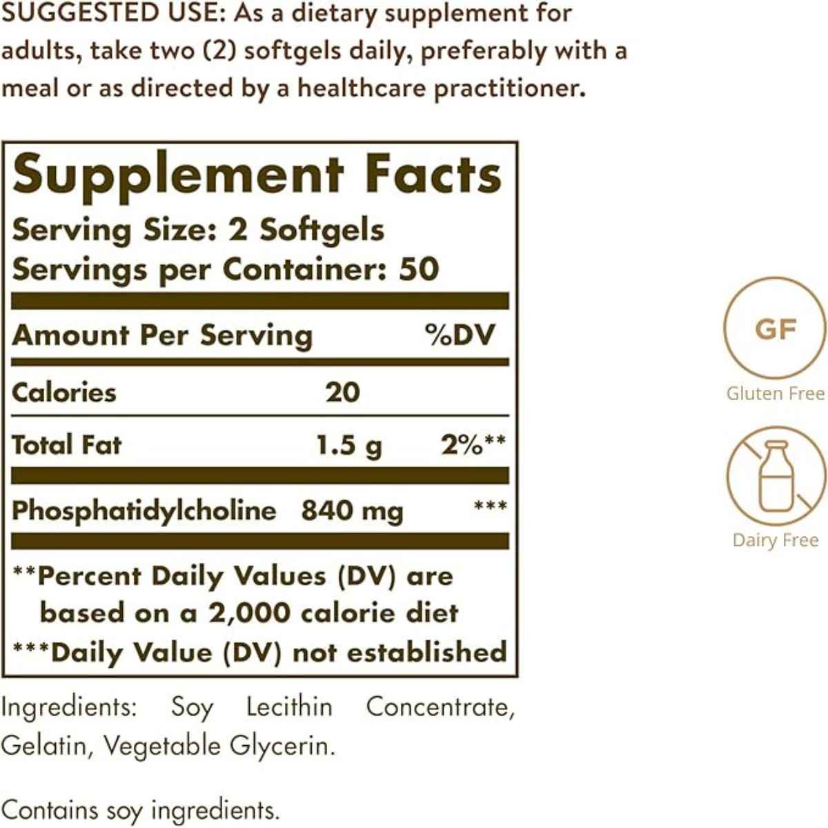 Solgar Fosfatidilcolina - 100 Cápsulas Blandas - Tabla Nutricional - Haz Tu Pedido