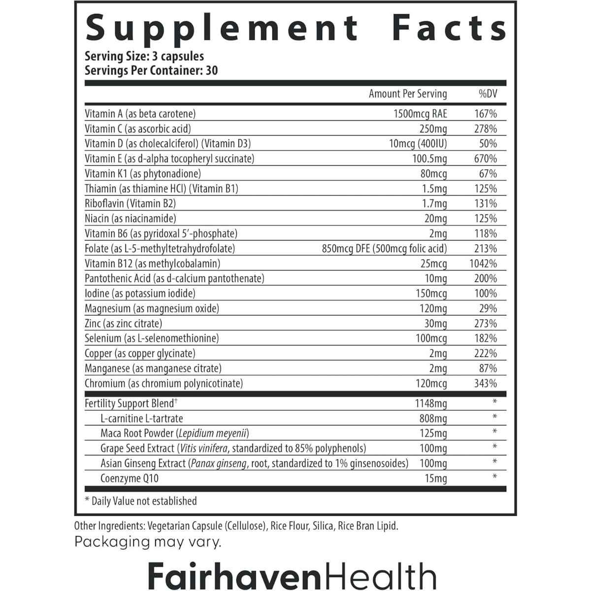 Fairhaven FertilAid for Men - 90 Cápsulas - Tabla Nutricional - Haz Tu Pedido