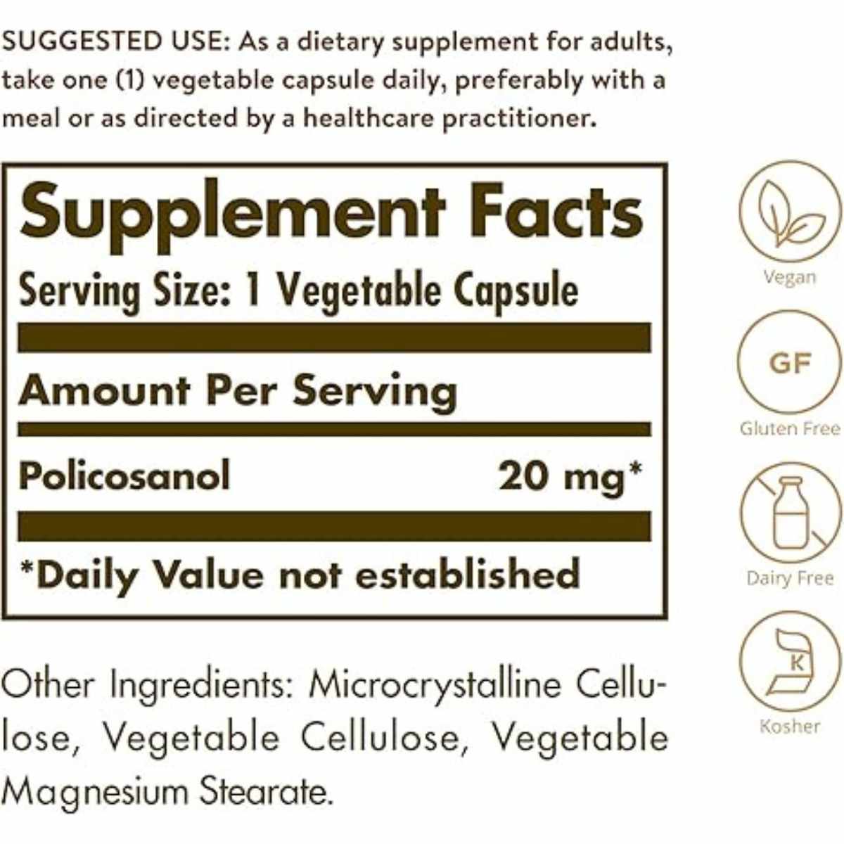 Solgar Policosanol 20 mg - 100 Cápsulas Vegetales - Tabla Nutricional - Haz Tu Pedido