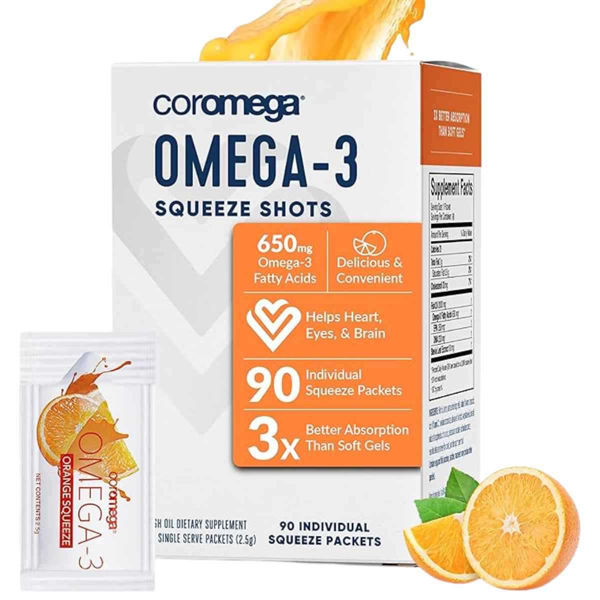 Coromega Omega-3 650 mg - Sabor Naranja - 90 Paquetes - Haz Tu Pedido