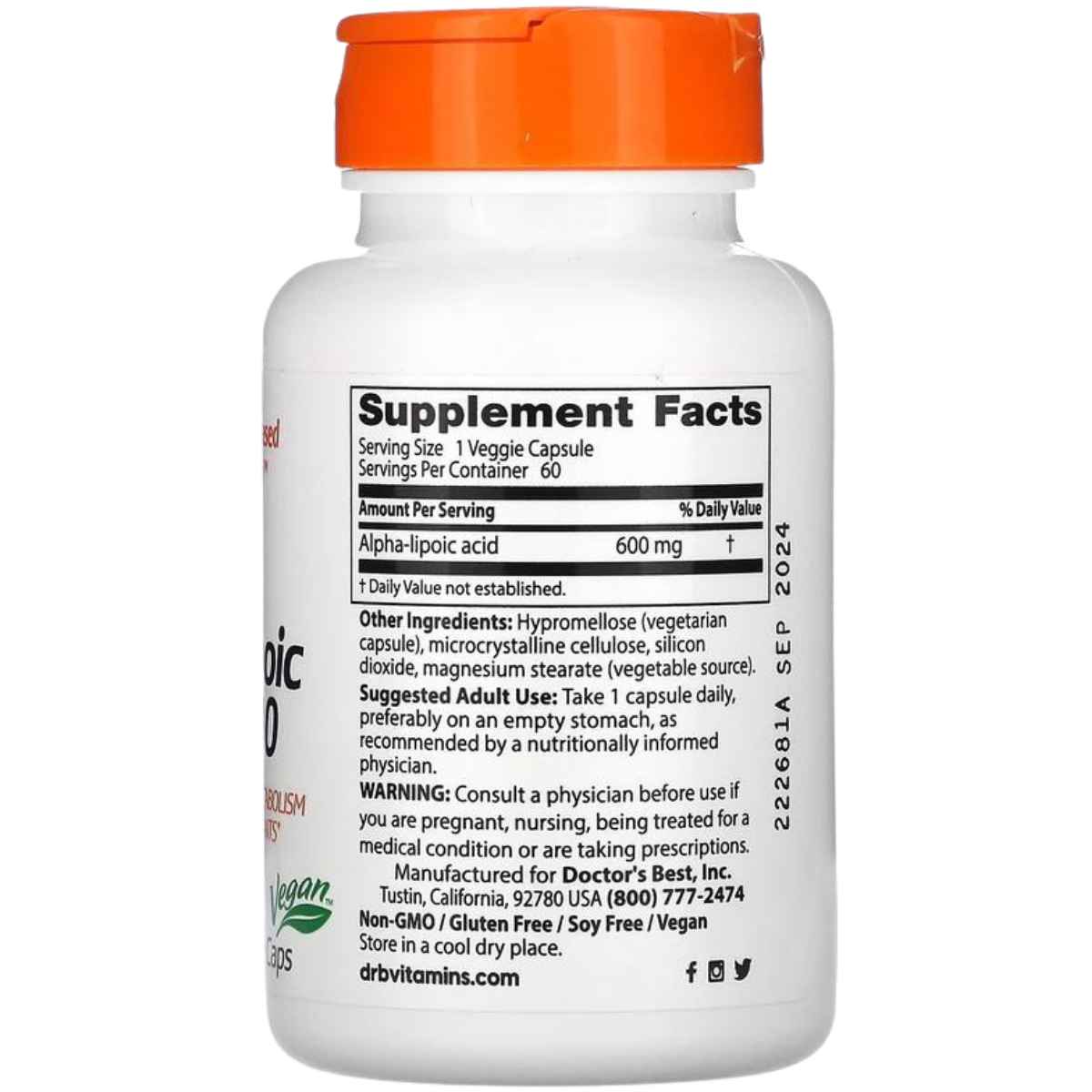 Doctor’s Best Ácido Alfa-Lipoico 600 mg - 60 Cápsulas Vegetales - Tabla Nutricional - Haz Tu Pedido