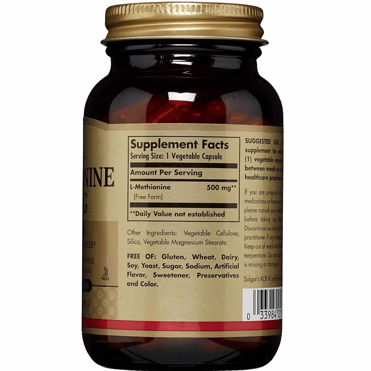 Solgar L-Metionina 500 mg - 90 Cápsulas Vegetales - Tabla Nutricional - Haz Tu Pedido