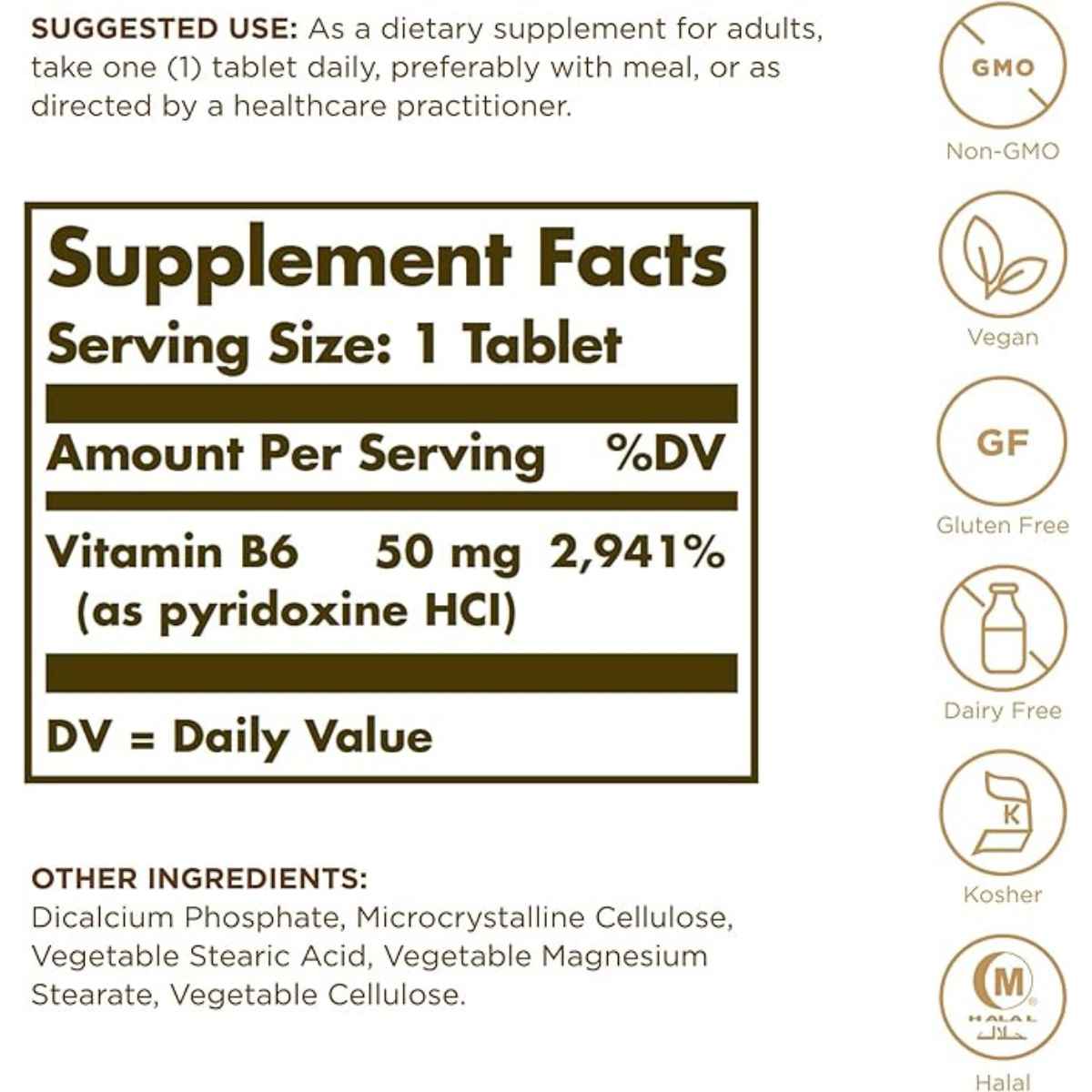 Solgar Vitamina B6 50 mg - 100 Tabletas - Tabla Nutricional - Haz Tu Pedido