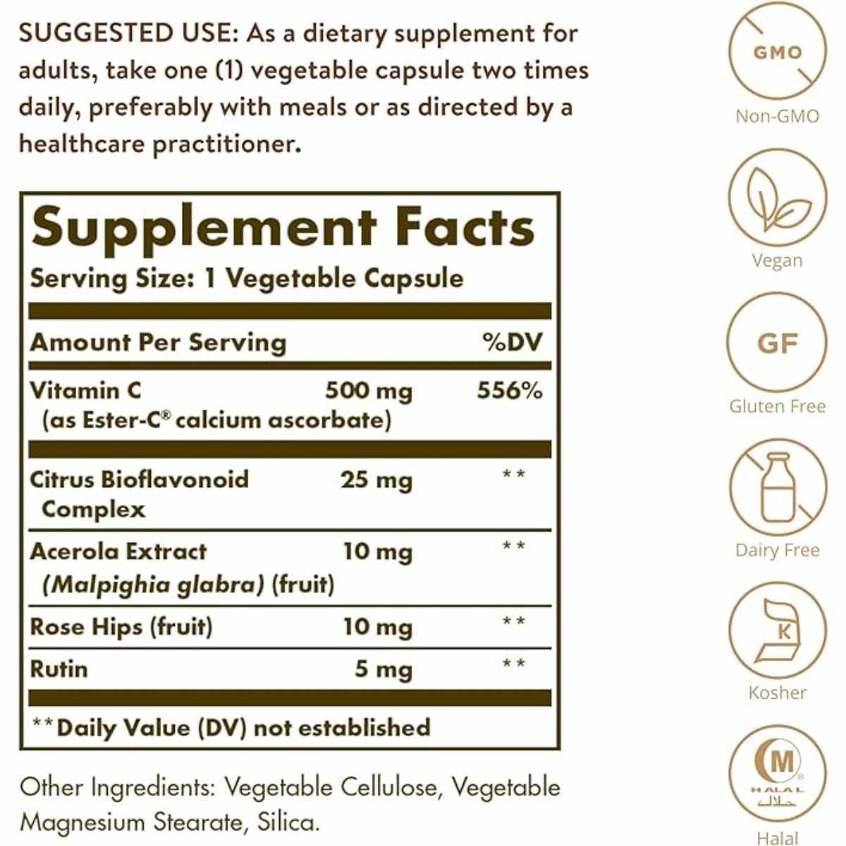 Solgar Ester-C® Plus 500 mg Vitamina C - 50 Cápsulas Vegetales - Tabla Nutricional - Haz Tu Pedido