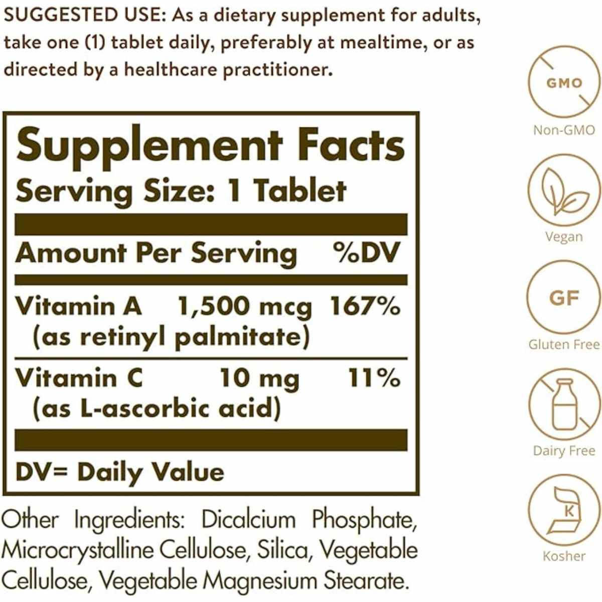 Solgar Vitamina A 1500 mcg - 100 Tabletas - Tabla Nutricional - Haz Tu Pedido