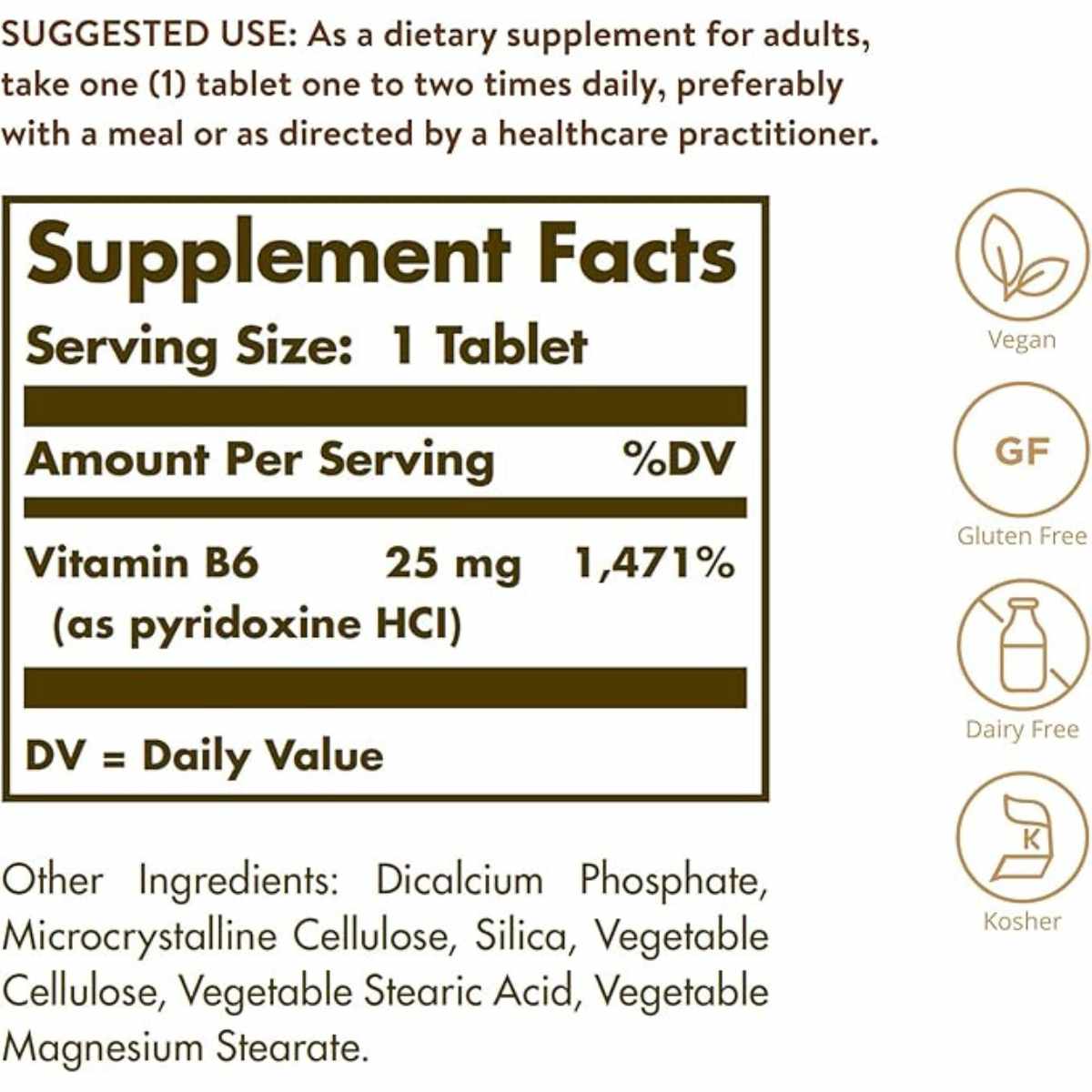 Solgar Vitamina B6 25 mg - 100 Tabletas - Tabla Nutricional - Haz Tu Pedido