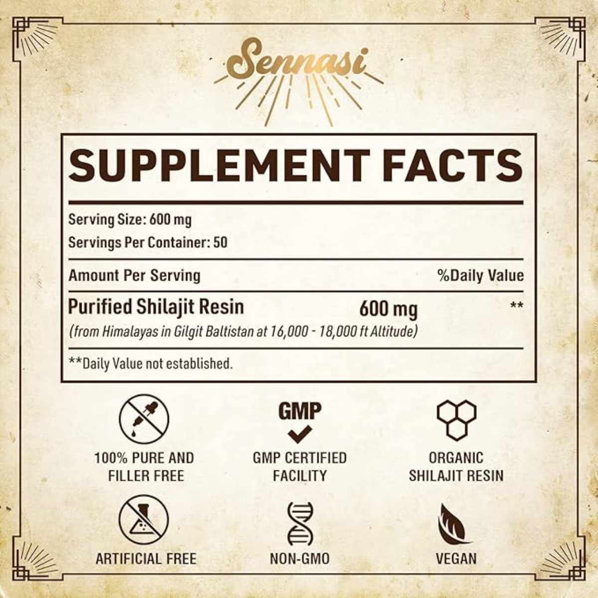 Sennasi Resina de Shilajit 600 mg - 30 g - Tabla Nutricional - Haz Tu Pedido