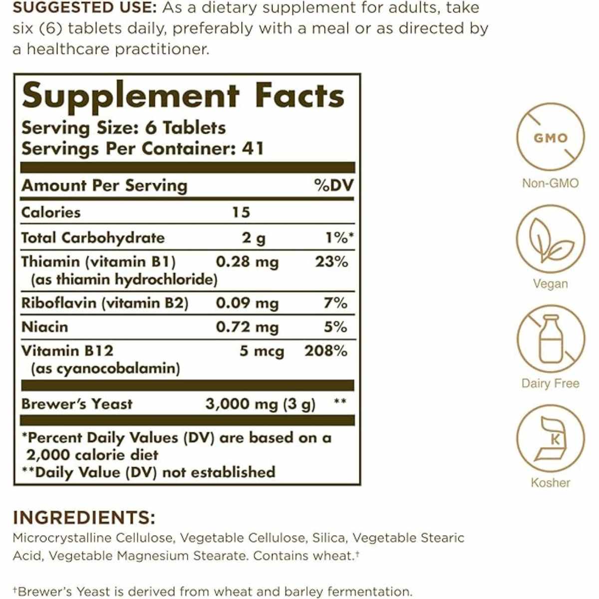 Solgar Levadura de Cerveza con Vitamina B12 - 250 Tabletas - Tabla Nutricional - Haz Tu Pedido