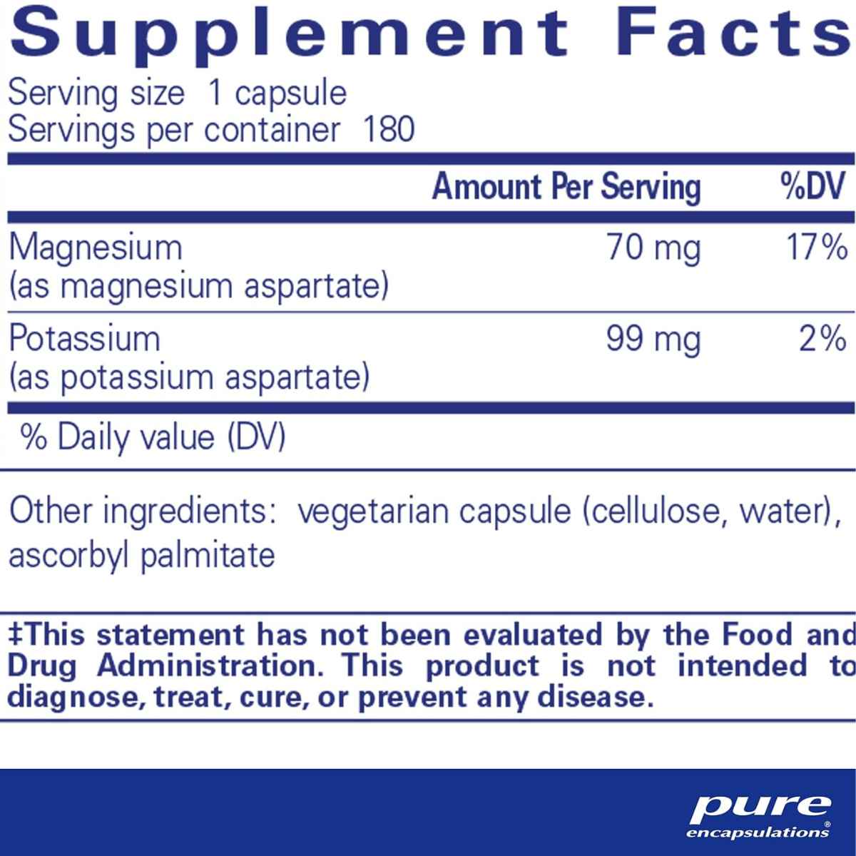 Pure Encapsulations Potasio Magnesio (Aspartato) - 180 Cápsulas - Tabla Nutricional - Haz Tu Pedido