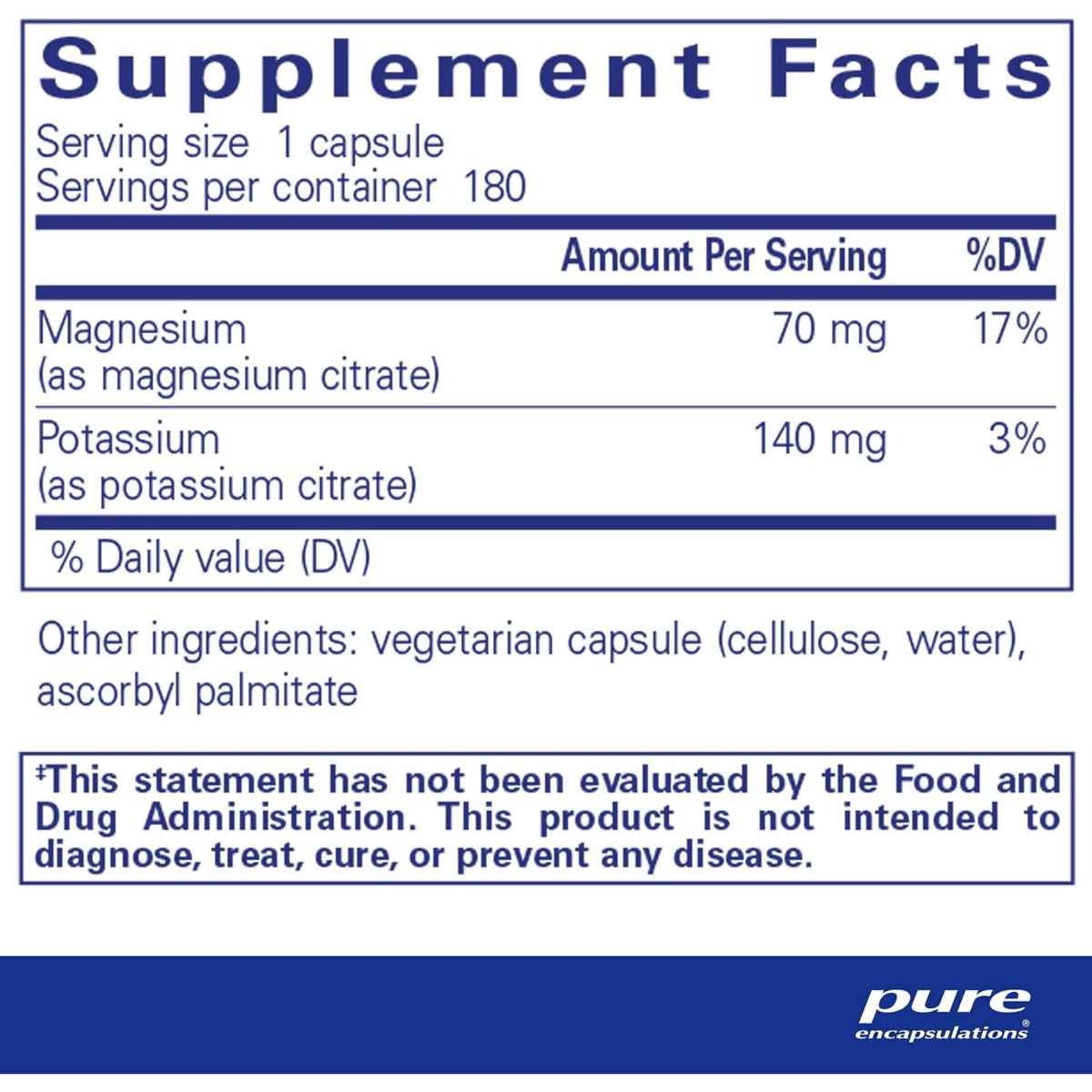 Pure Encapsulations Citrato de Potasio y Magnesio - 180 Cápsulas - Tabla Nutricional - Haz Tu Pedido
