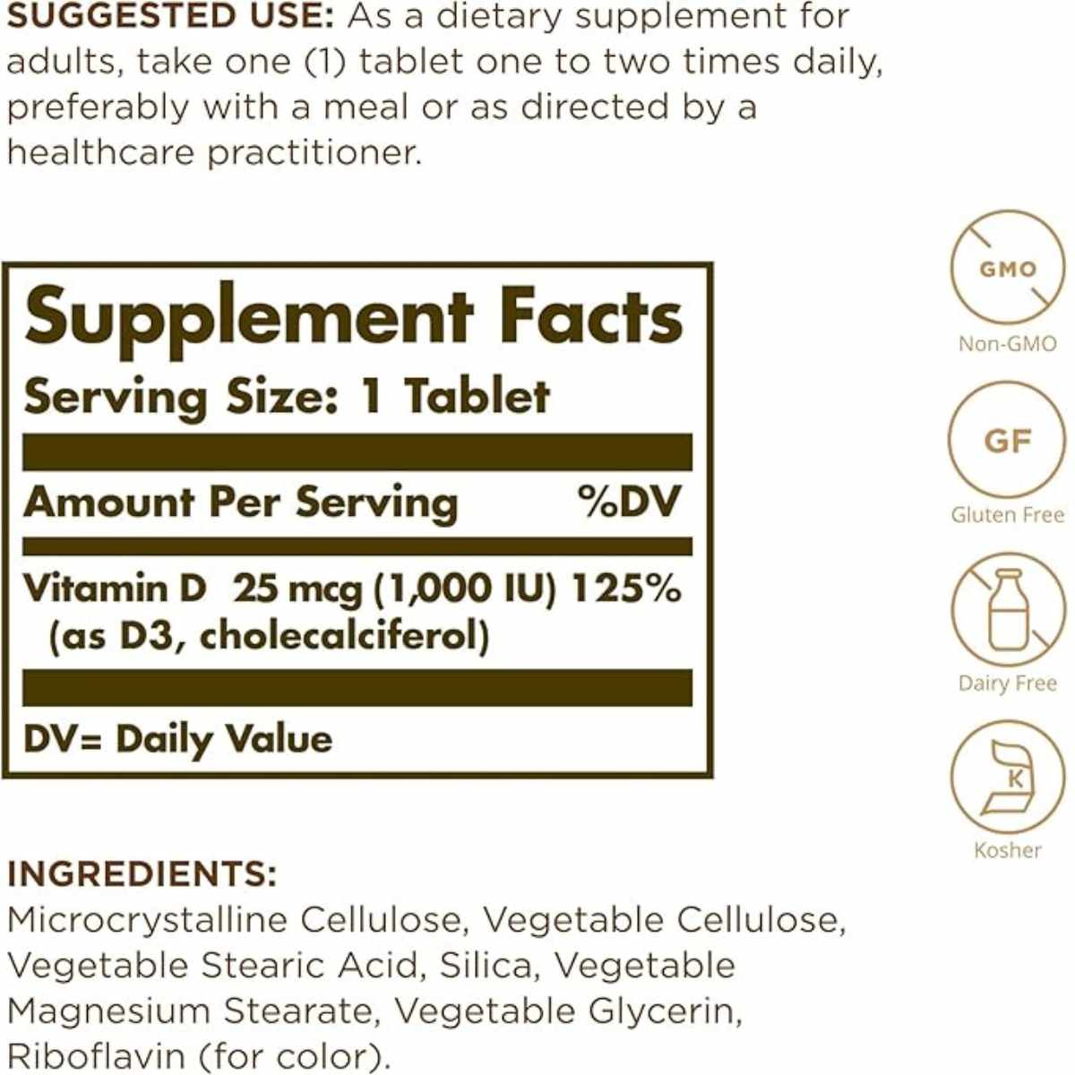 Solgar Vitamina D3 (Colecalciferol) 25 mcg 1000 IU - 90 Tabletas - Tabla Nutricional - Haz Tu Pedido