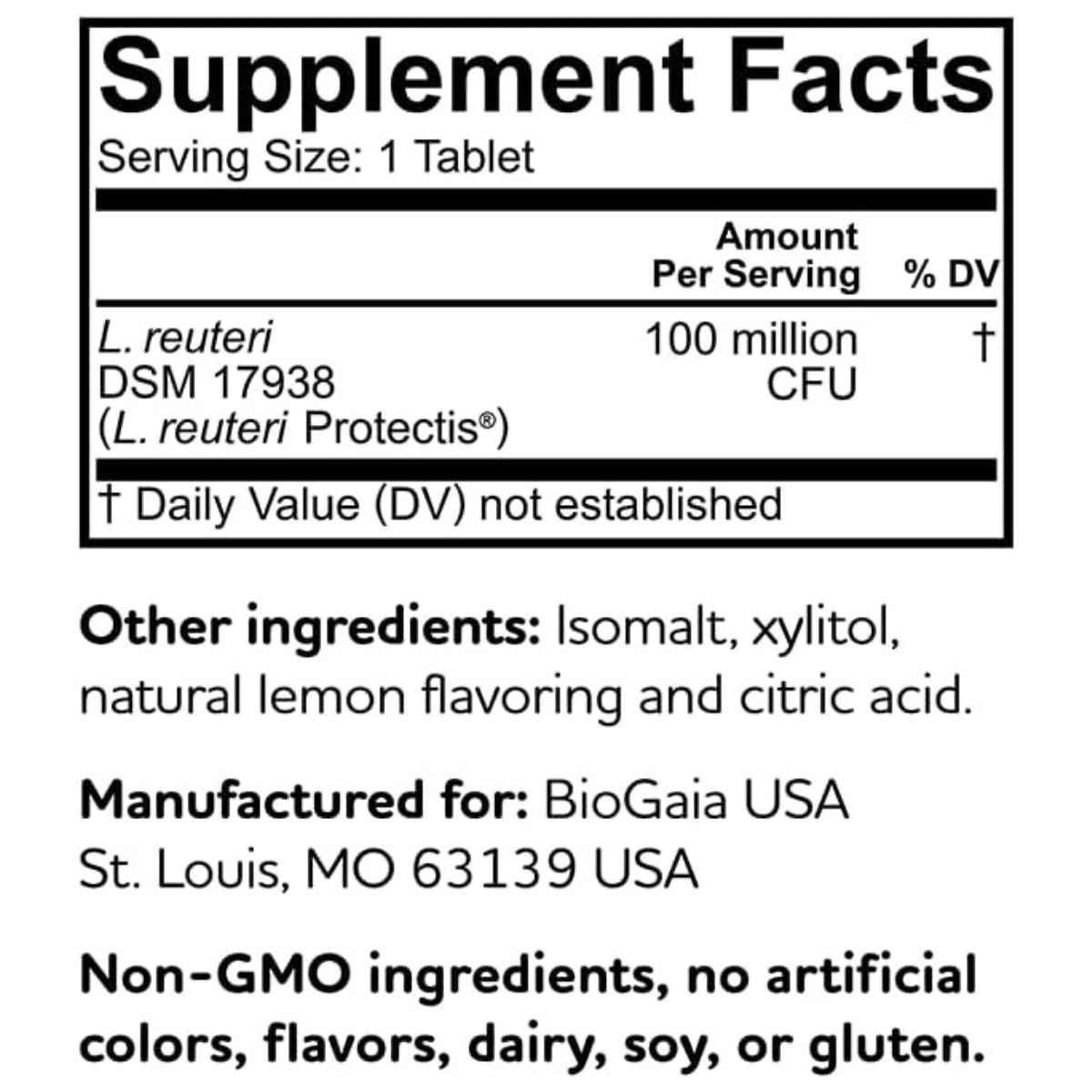 BioGaia Protectis Niños Probiótico para Salud Digestiva - Sabor Limón - 30 Tabletas Masticable - Tabla Nutricional - Haz Tu Pedido
