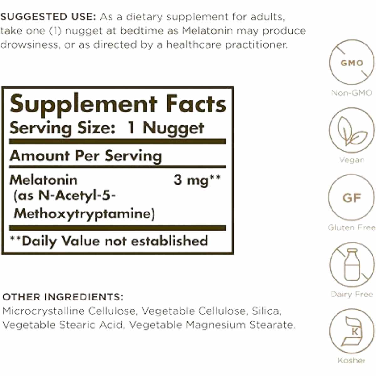 Solgar Melatonina 3 mg - 120 Pepitas Masticables - Tabla Nutricional - Haz Tu Pedido