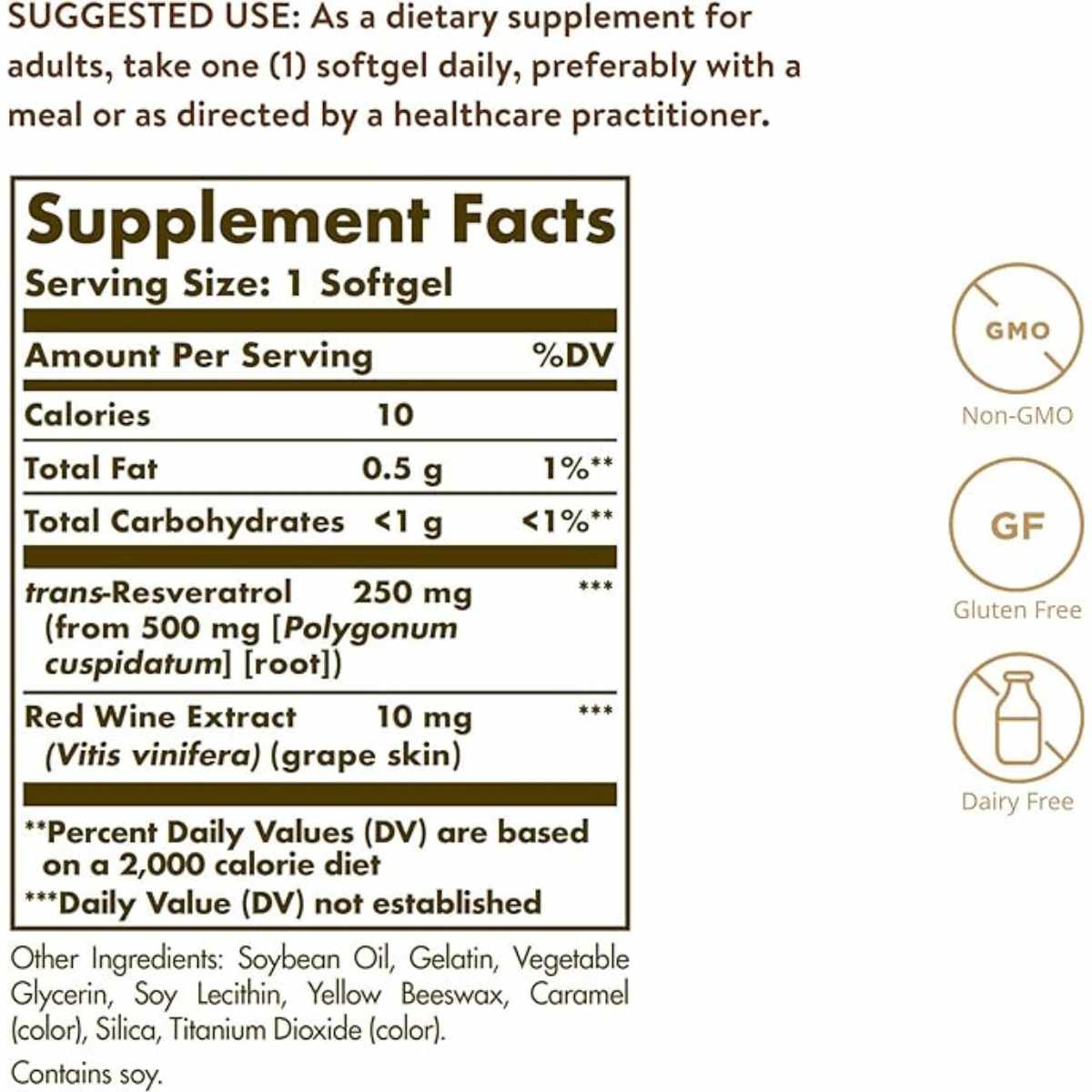 Solgar Resveratrol Con Extracto De Vino Tinto 250 mg - 30 Cápsulas Blandas - Tabla Nutricional - Haz Tu Pedido