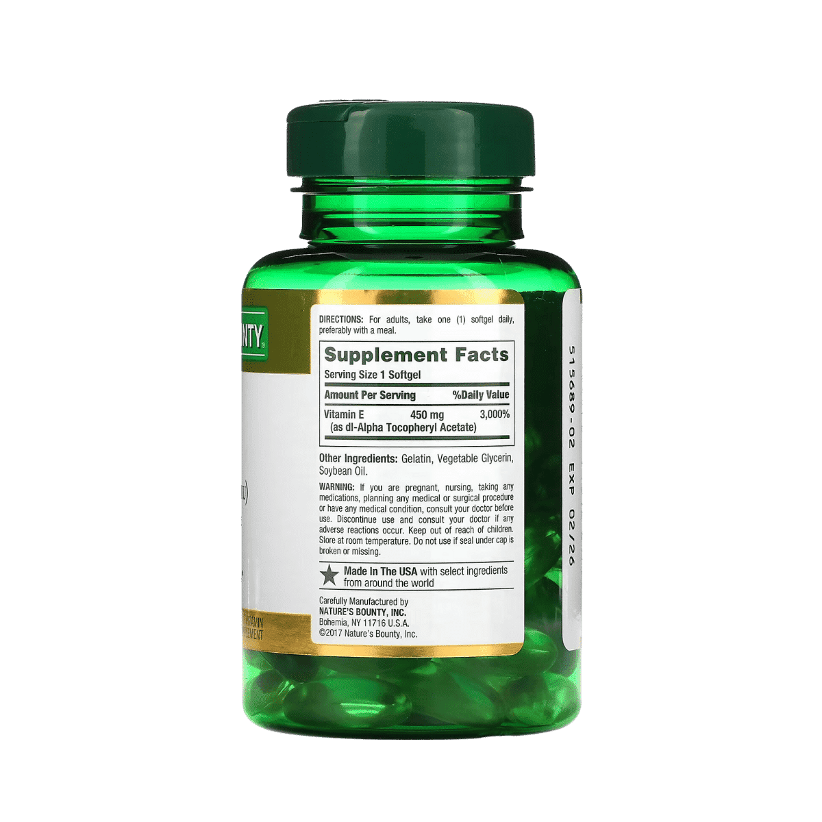 "Experimenta el poder de la Vitamina E de Nature's Bounty: 450 mg en 60 Cápsulas Blandas. ¡Optimiza tu bienestar con cada cápsula!"