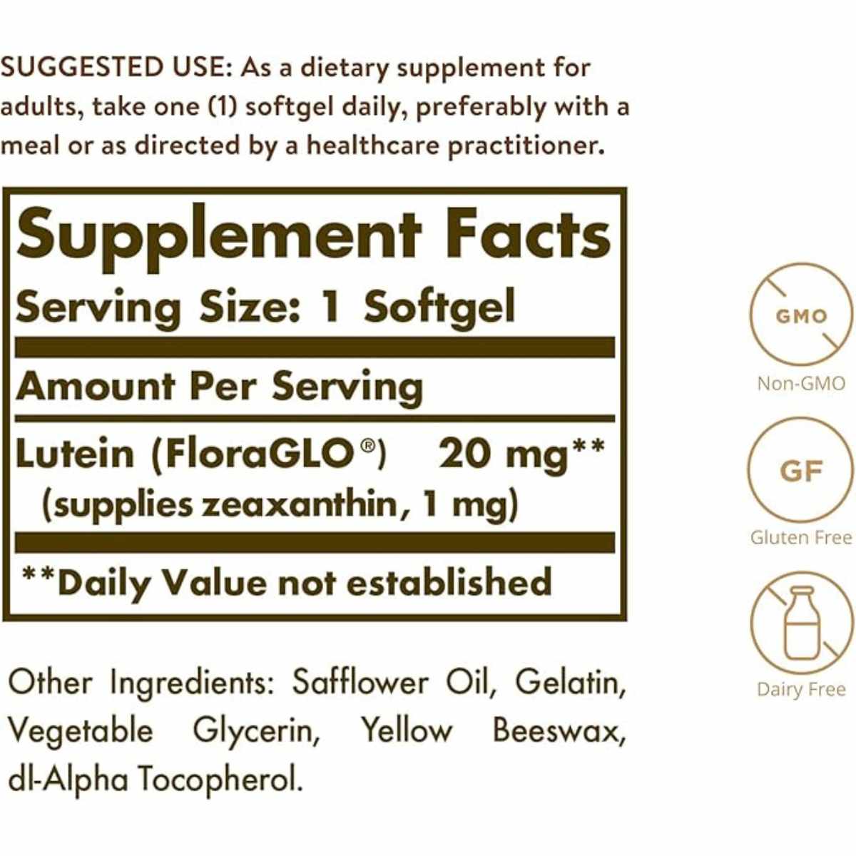 Solgar Luteína 20 mg - 60 Cápsulas Blandas - Tabla Nutricional - Haz Tu Pedido