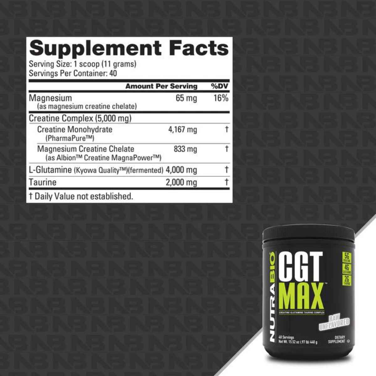 NutraBio CGT Max Creatina, Glutamina y Taurina - Sabor Sin Sabor - 440 g - Tabla Nutricional - Haz Tu Pedido