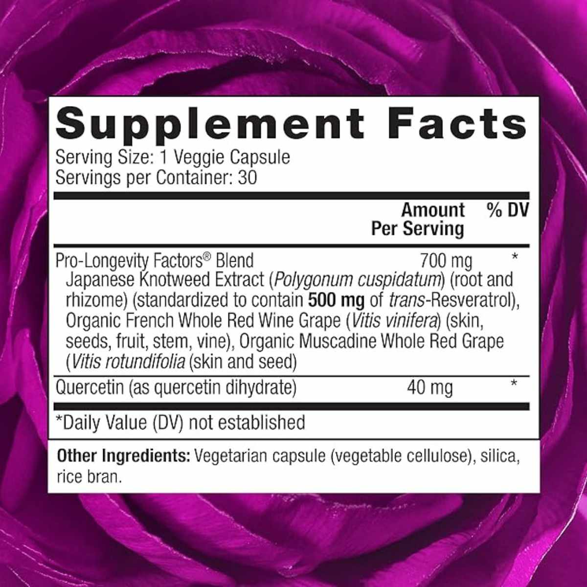 Reserveage Beauty Resveratrol 500 mg - 30 Cápsulas Vegetales - Tabla Nutricional - Haz Tu Pedido