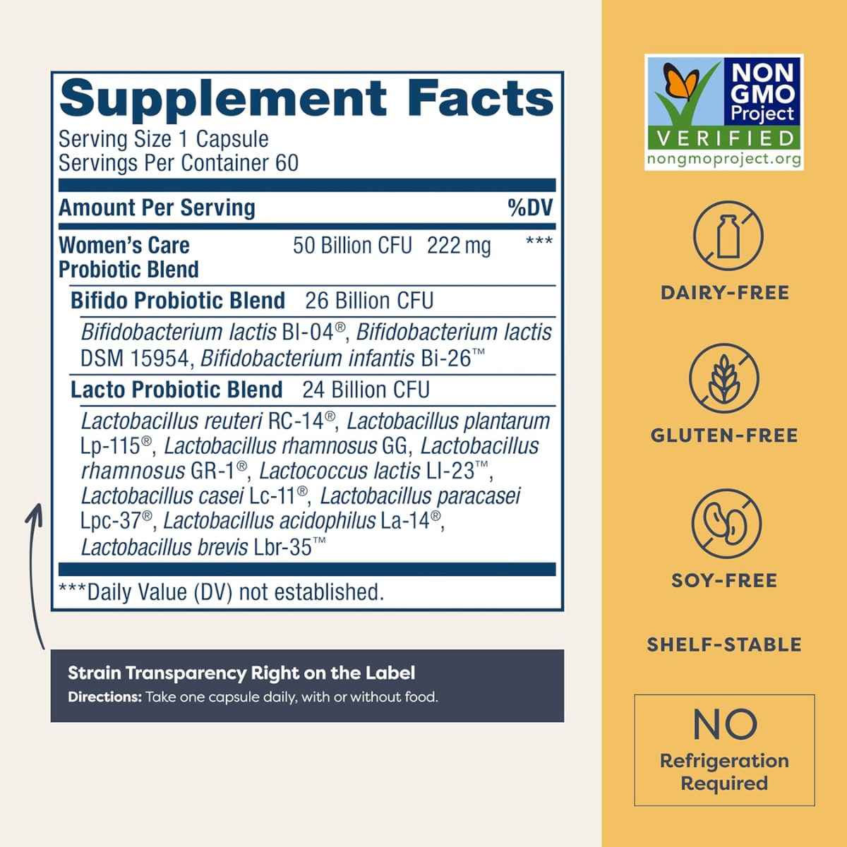 Renew Life Probiotico para Cuidado Digestivo Mujeres 50 Mil Millones CFU - 60 Cápsulas Vegetarianas - Tabla Nutricional - Haz Tu Pedido