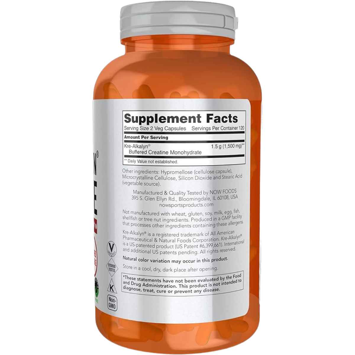 NOW Foods Kre-Alkalyn® Creatina 750 mg - 240 Cápsulas Veganas - Tabla Nutricional - Haz Tu Pedido