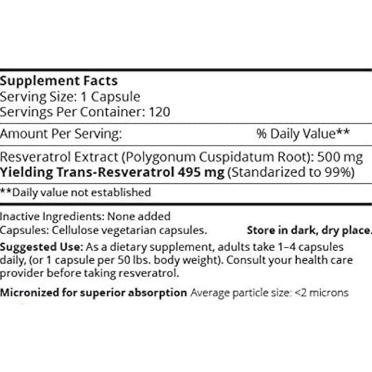 Mega Resveratrol Trans-Resveratrol 495 mg - 120 Cápsulas Vegetales - Tabla Nutricional - Haz Tu Pedido