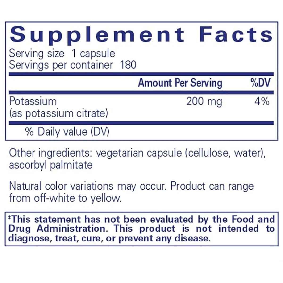 Pure Encapsulations Potasio (Citrato) - 180 Cápsulas - Tabla Nutricional - Haz Tu Pedido