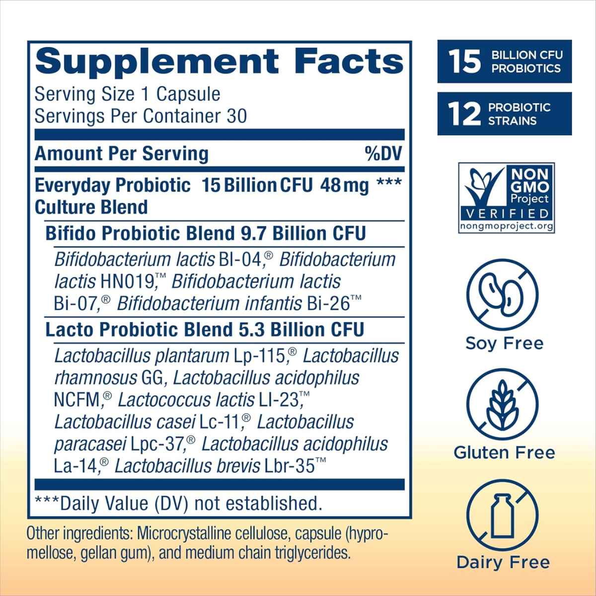 Renew Life Ultimate Flora Probiótico Diario 15 Mil Millones CFU - 30 Cápsulas Vegetarianas - Tabla Nutricional - Haz Tu Pedido