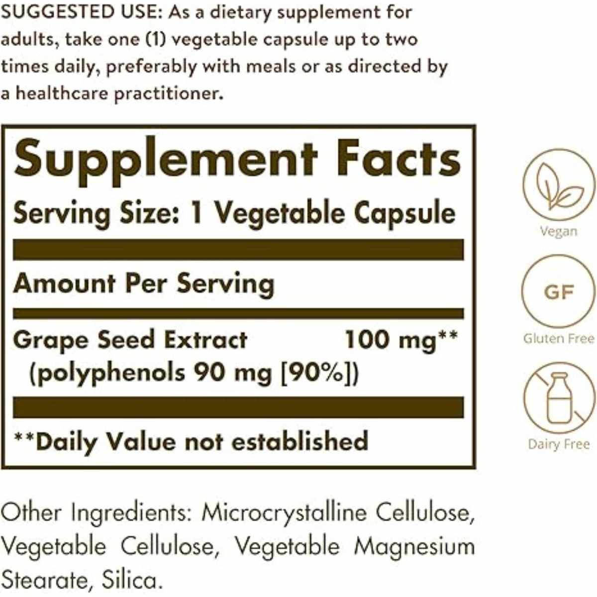 Solgar Extracto de Semilla de Uva 100 mg - 60 Cápsulas Vegetales - Tabla Nutricional - Haz Tu Pedido