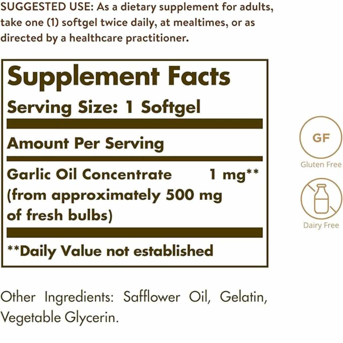 Solgar Perlas de Aceite de Ajo - 250 Cápsulas Blandas - Tabla Nutricional - Haz Tu Pedido