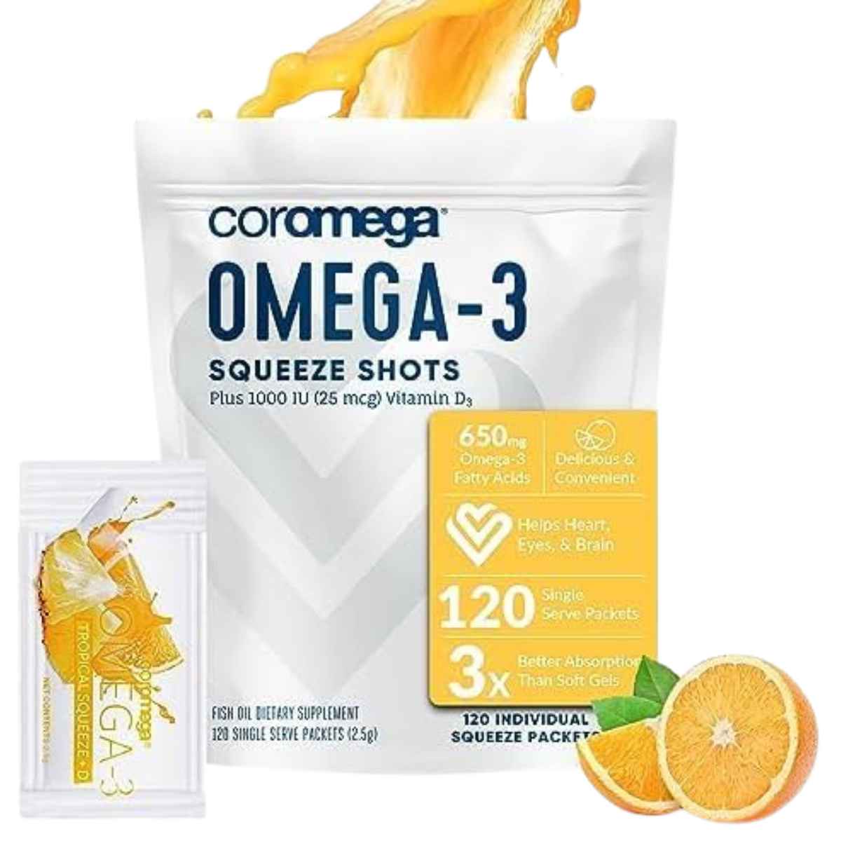 Coromega Omega-3 650 mg - Sabor Naranja Tropical - 120 Paquetes - Haz Tu Pedido