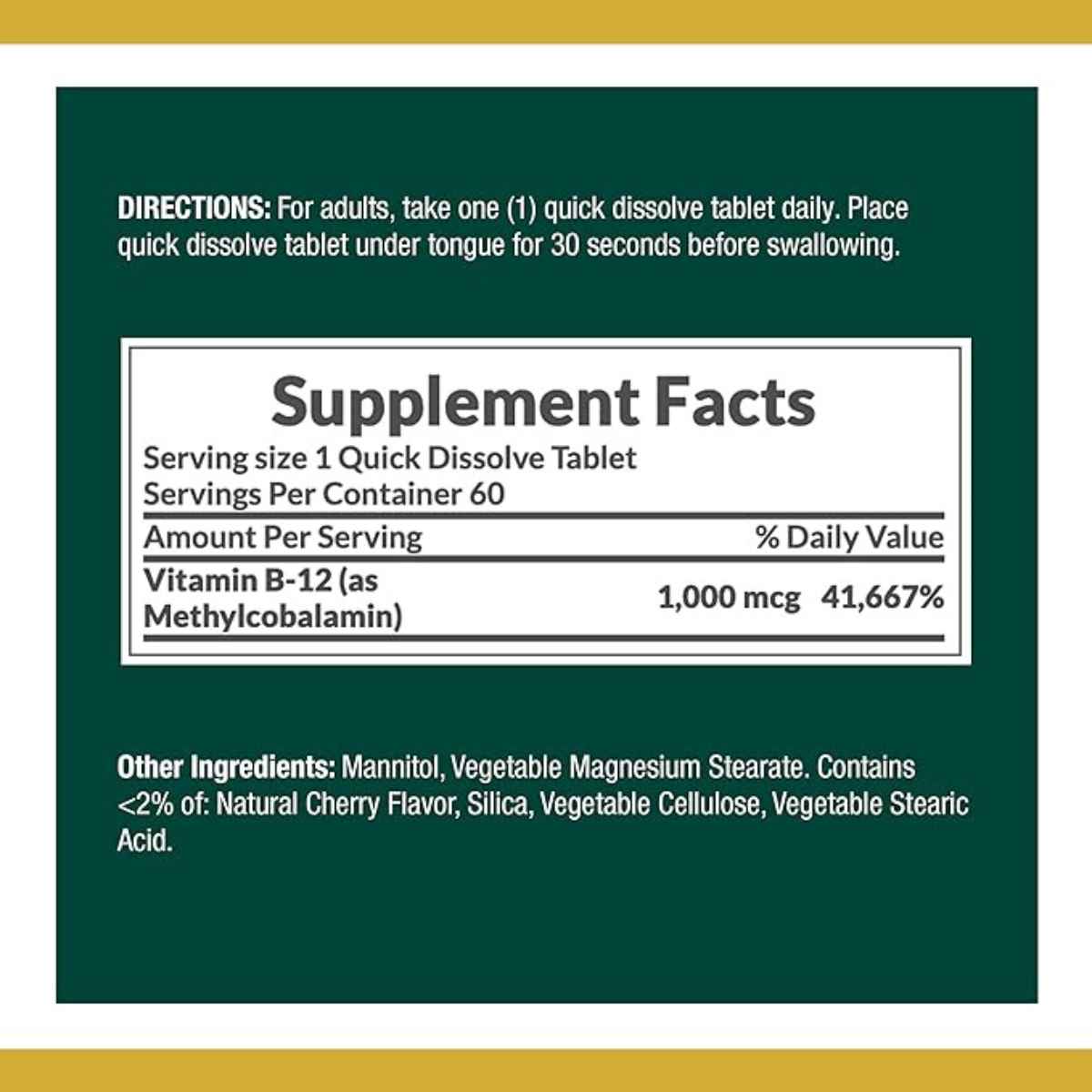Nature’s Bounty Vitamina B-12 Metilcobalamina 1000 mcg - Sabor Cereza - 60 Tabletas de Disolución Rápida - Tabla Nutricional - Haz Tu Pedido