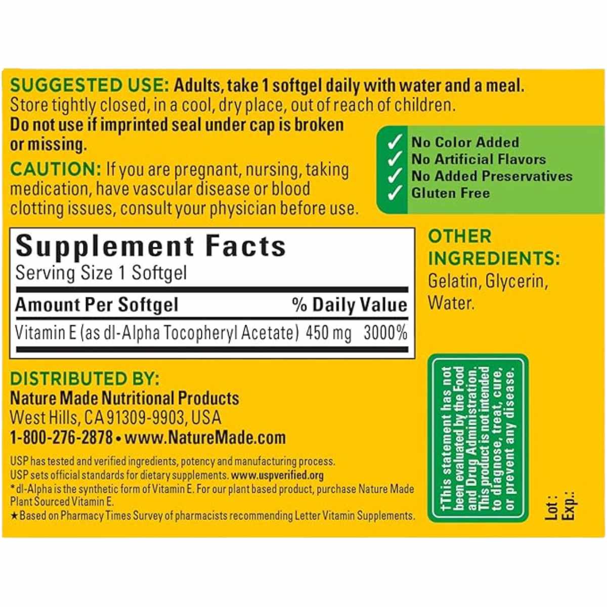 Nature Made Vitamina E 1000 UI 450 mg - 60 Cápsulas Blandas - Tabla Nutricional - Haz Tu Pedido