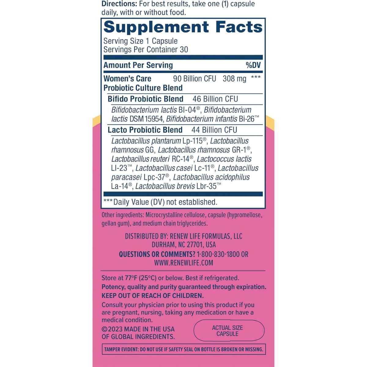 Renew Life Probiótico Cuidado Femenino Integral 90 Mil Millones CFU - 30 Cápsulas Vegetarianas - Tabla Nutricional - Haz Tu Pedido