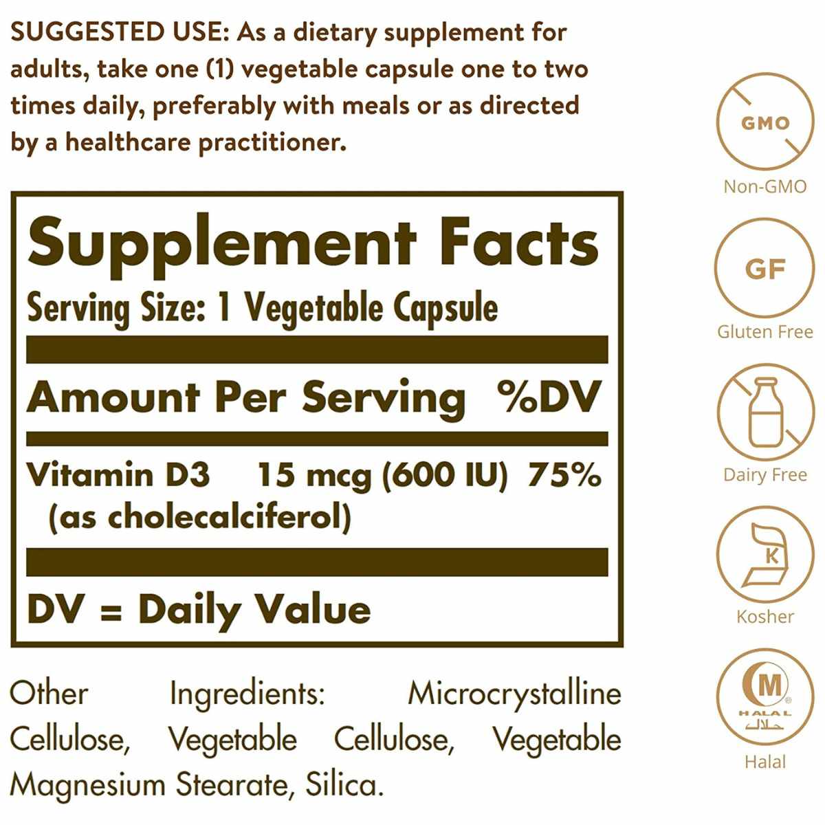 Solgar Vitamina D3 (Colecalciferol) 15 mcg 600 IU - 120 Cápsulas Vegetarianas - Tabla Nutricional - Haz Tu Pedido
