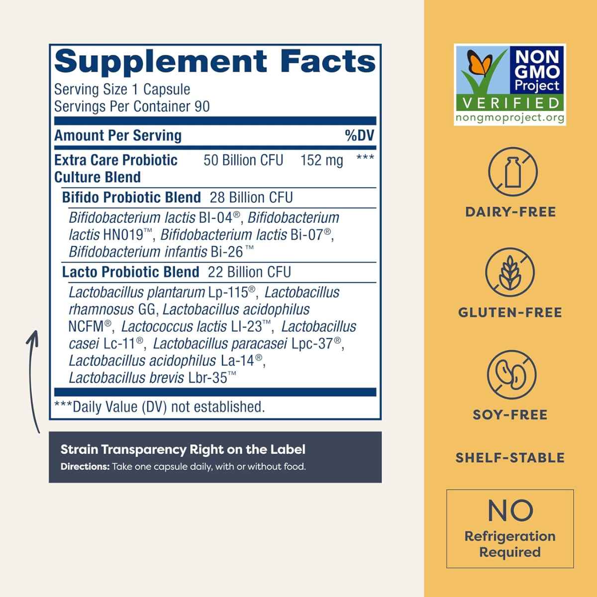 Renew Life Extra Care Digestive Probiotico 50 Mil Millones CFU - 90 Cápsulas Vegetarianas - Tabla Nutricional - Haz Tu Pedido